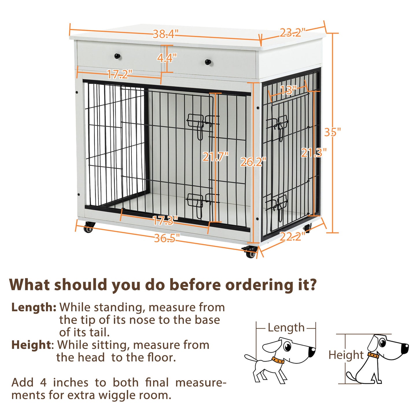 Dog Crate Furniture, Wooden Dog Crate End Table, 38.4" Dog Kennel With 2 Drawers Storage, Heavy Duty Dog Crate, Decorative Pet Crate Dog Cage For Large Indoor Use