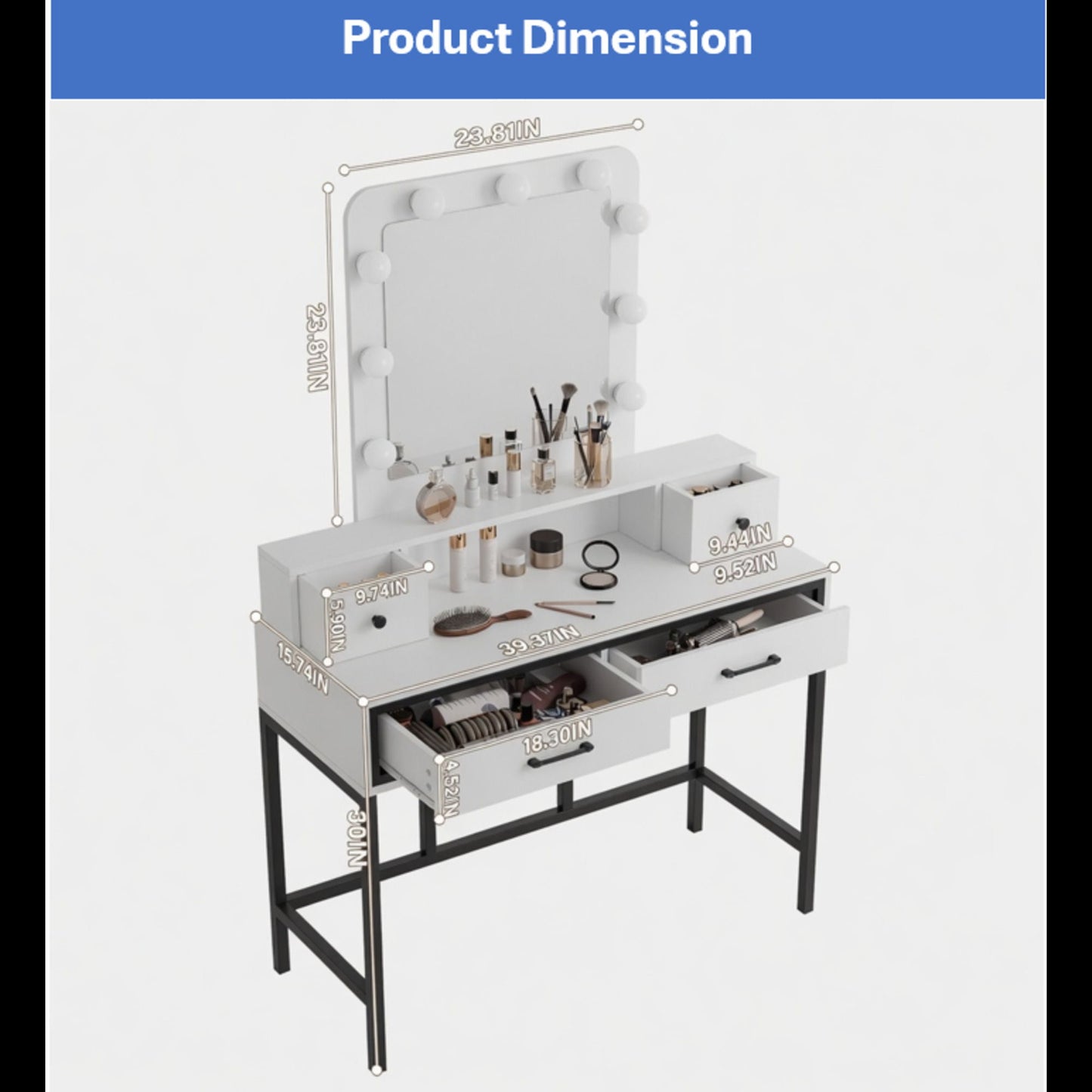 Vanity Desk With 3 Color Lighted Mirror And 4 Drawers