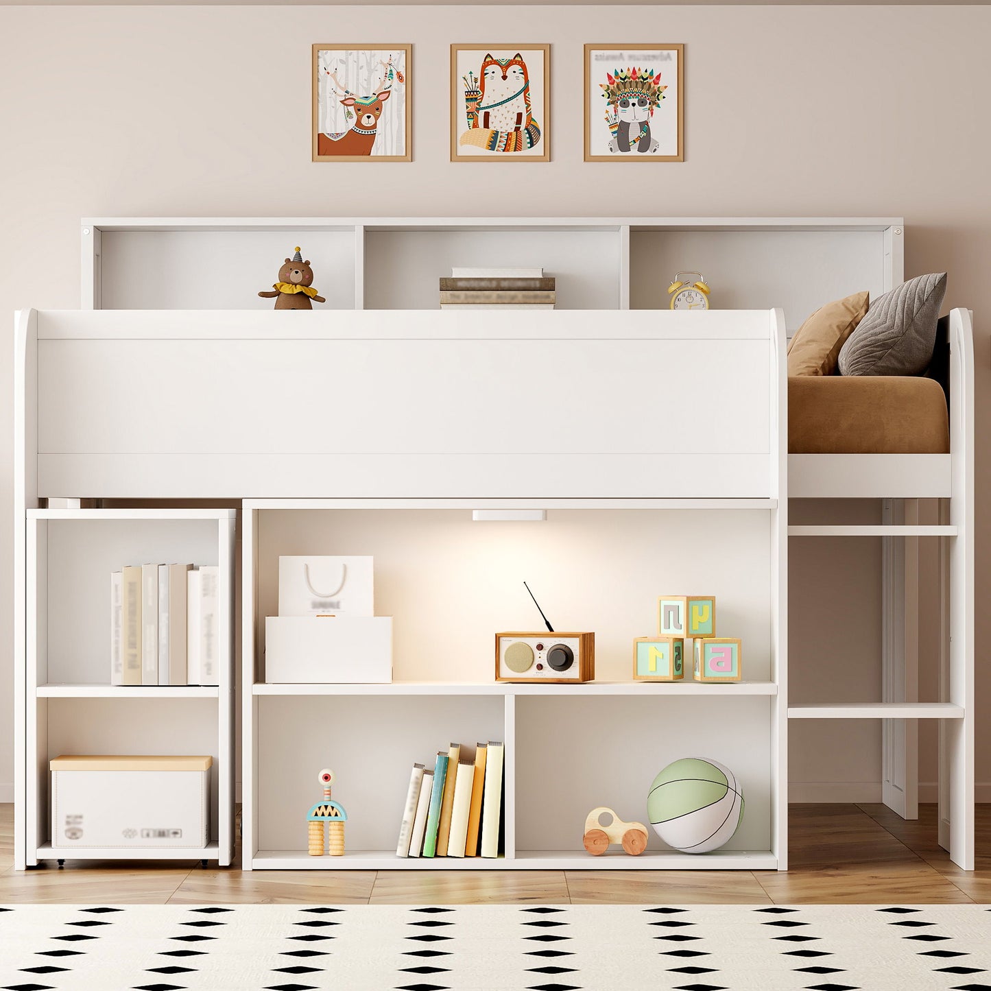 Loft Bed With Built-In Desk, LED Lighting, And Multiple Storage Shelves