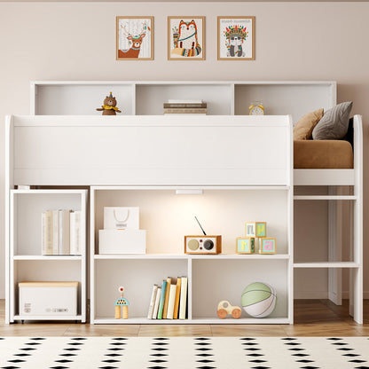 Loft Bed With Built-In Desk, LED Lighting, And Multiple Storage Shelves