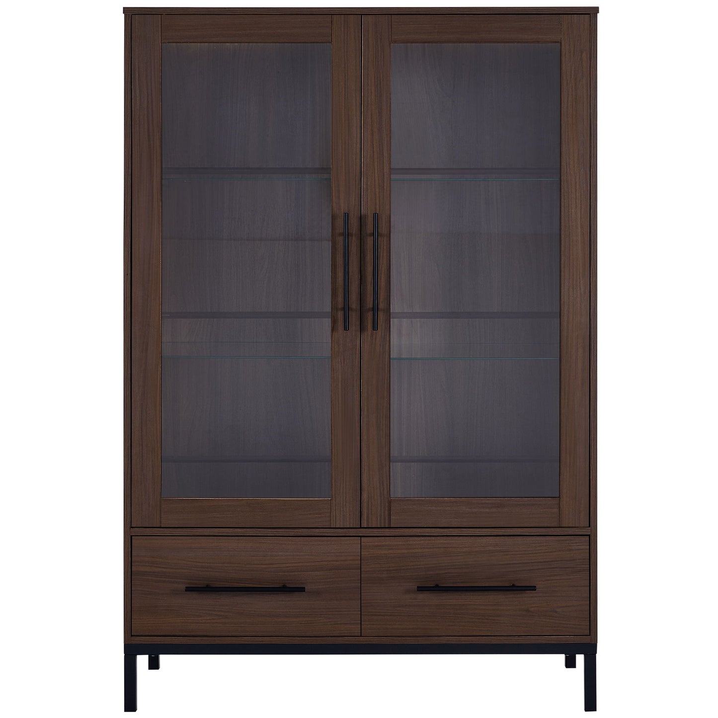 Modern Style Tall Display Cabinet With LED Lighting, Tempered Glass Door, 2 Drawers