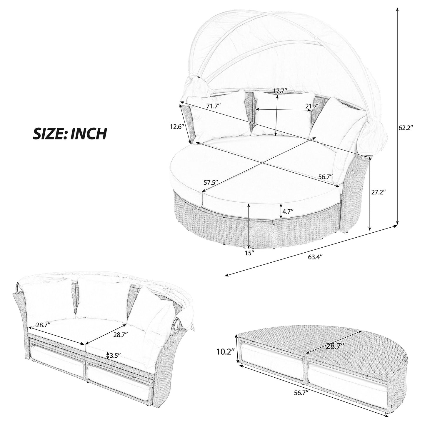 Outdoor Patio Daybed Wicker Rattan Double Daybed Round Sofa Furniture Set With Retractable Canopy, 4 Pillows For Lawn Garden