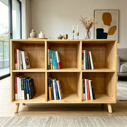 6 Cube Storage Shelf, Freestanding Open Bookcase With Legs Cubby Organizer For Living Room - Natural Wood