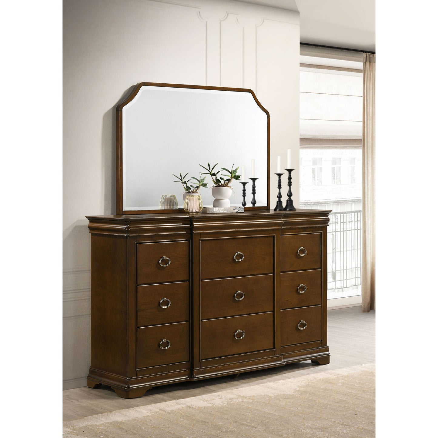 Leonide - 9 Drawer Dresser With Mirror - Cherry