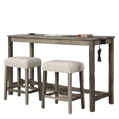 3 Piece Counter Bar Dining Set Table With Electric Outlet And 2 USB Ports, Tufted Upholstered Stools - Brown / Beige
