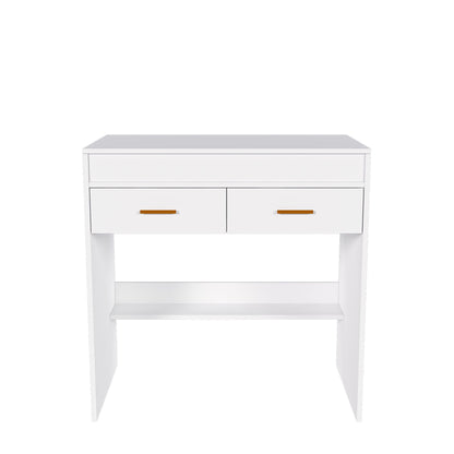 Flip Top Vanity Desk With LED Mirror & Outlet Makeup Table With 2 Drawers, Open Storage, And Jewelry Hooks - White