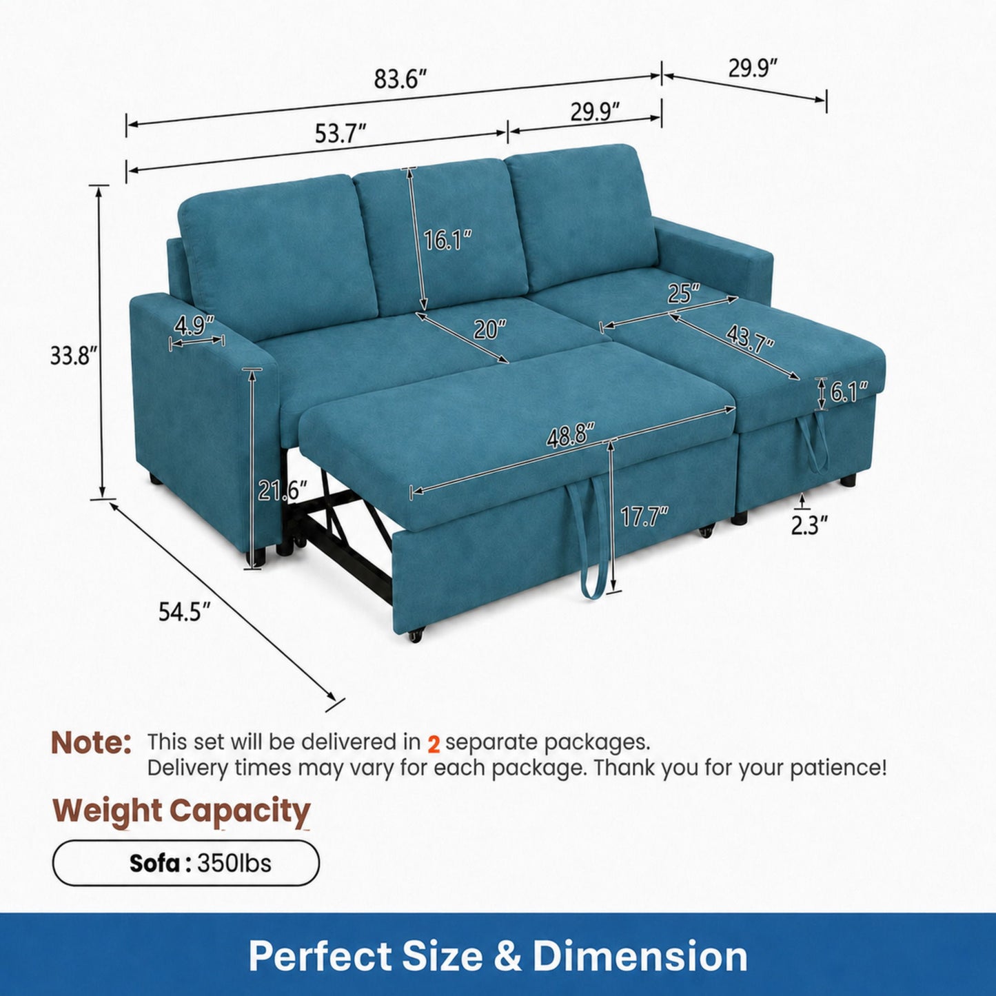 L - Shaped Convertible Sofa Bed With Storage Chaise