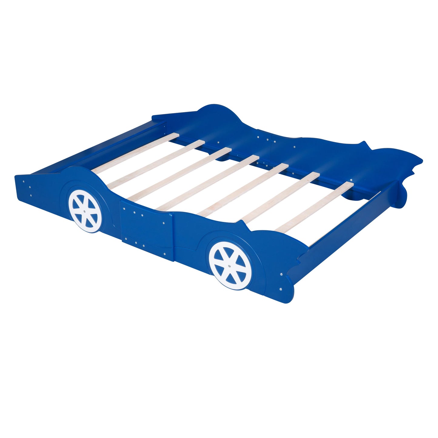 Full Size Race Car-Shaped Platform Bed With Wheels - Blue