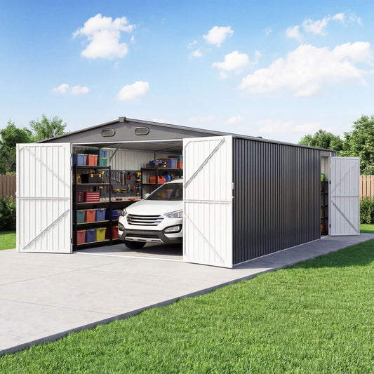 Outdoor Storage Shed, Metal Garden Shed Backyard Utility Tool House Building With 2 Doors And 4 Vents For Car, Truck, Bike, Garbage Can, Tool, Lawnmower