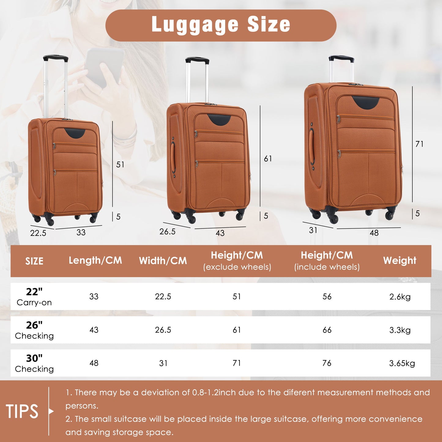 Softside Luggage Expandable 3 Piece Set Upright Spinner Lightweight Suitcase