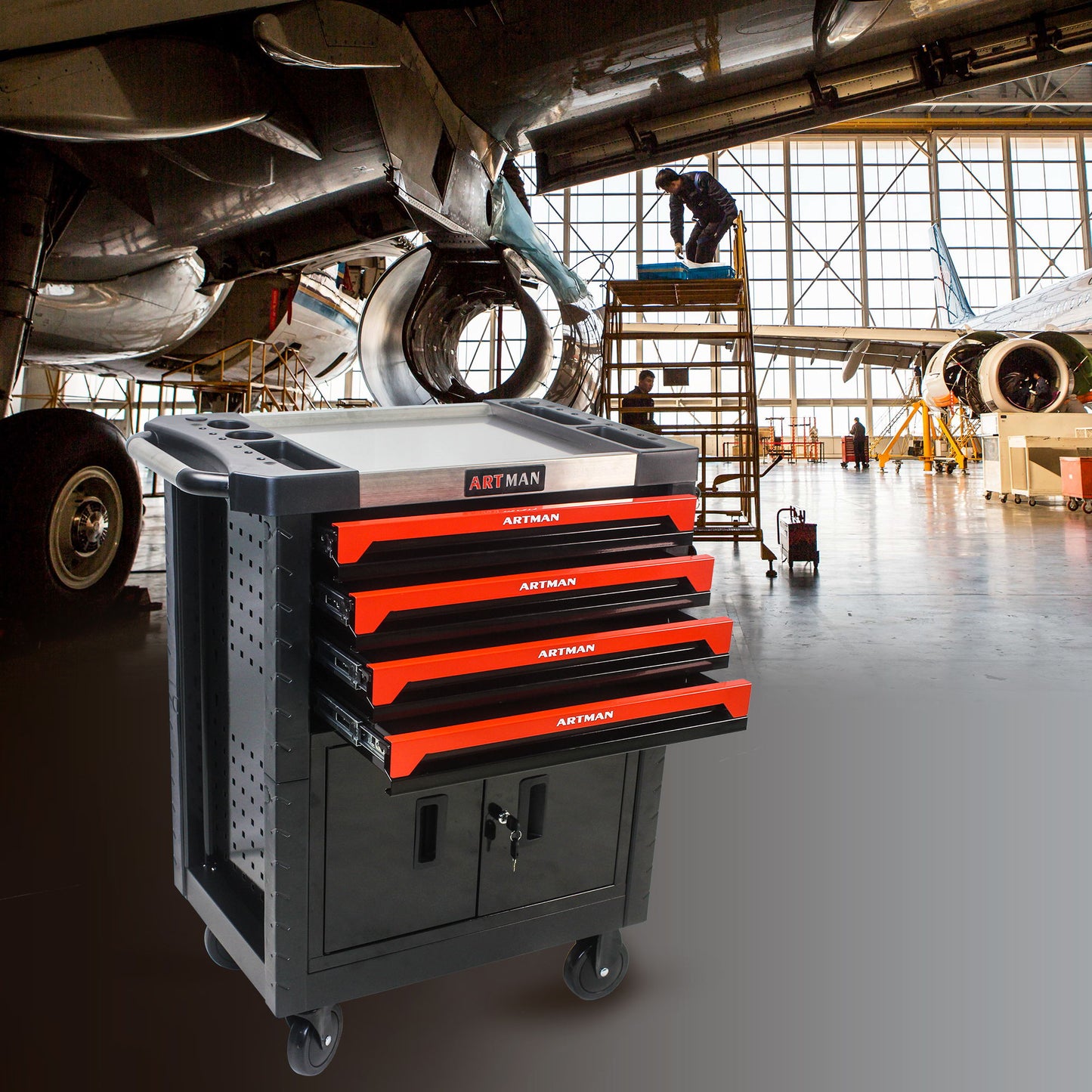 Removable 4 Drawer Metal Tool Cart With Lock - Black / Red