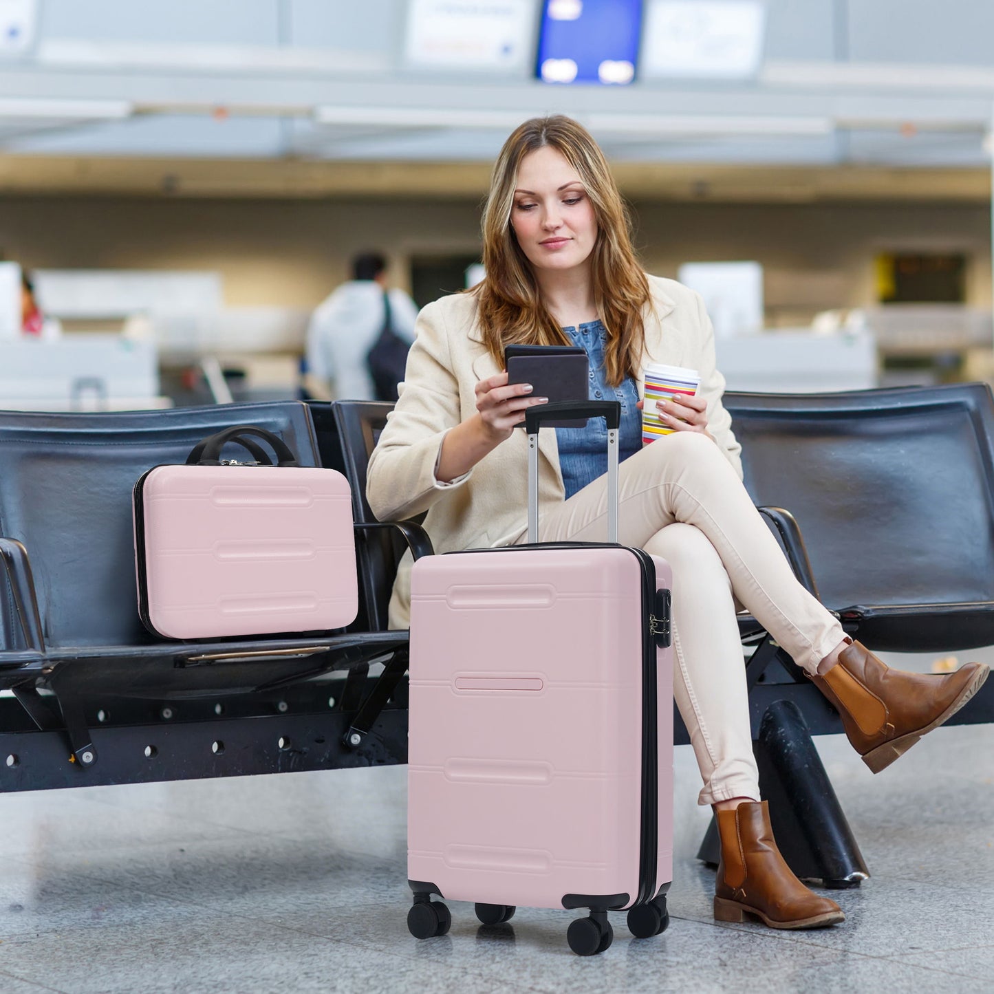 6 Piece Lightweight Hardshell Luggage Set With Double Spinner Wheels, Password Lock