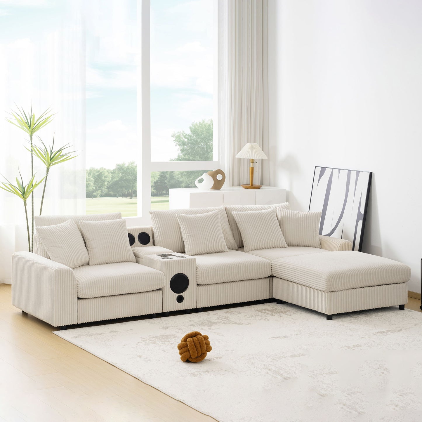 Sectional With Bluetooth Speakers L Shaped Couch With Console USB Charger, Cup Holders Storage Ottoman Deep And Wide Seat Cloud Sofa