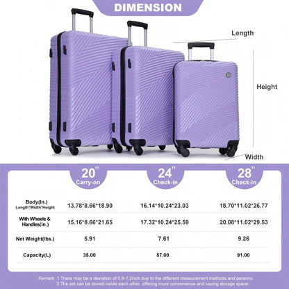 3 Piece Luggage Sets Lightweight Suitcase With Two Hooks, Spinner Wheels,