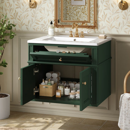 Wall Mounted Bathroom Vanity With Tip Out Drawer And Open Back Design