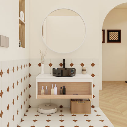Floating Bathroom Vanity With Vessel Sink With Open Shelf Storage