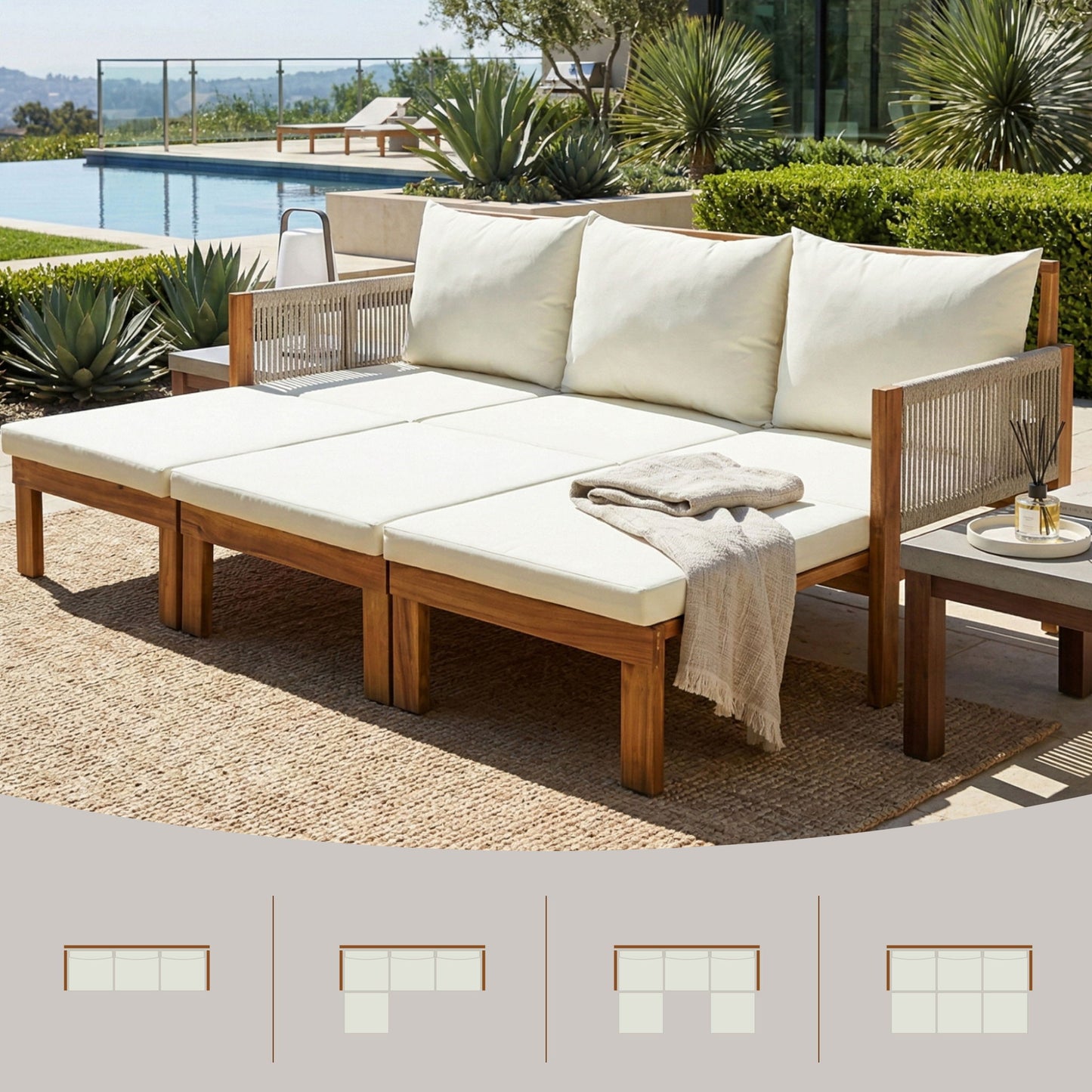 Outdoor Daybed, Patio Sofa Bed, 3 Seat Convertible Sunbed