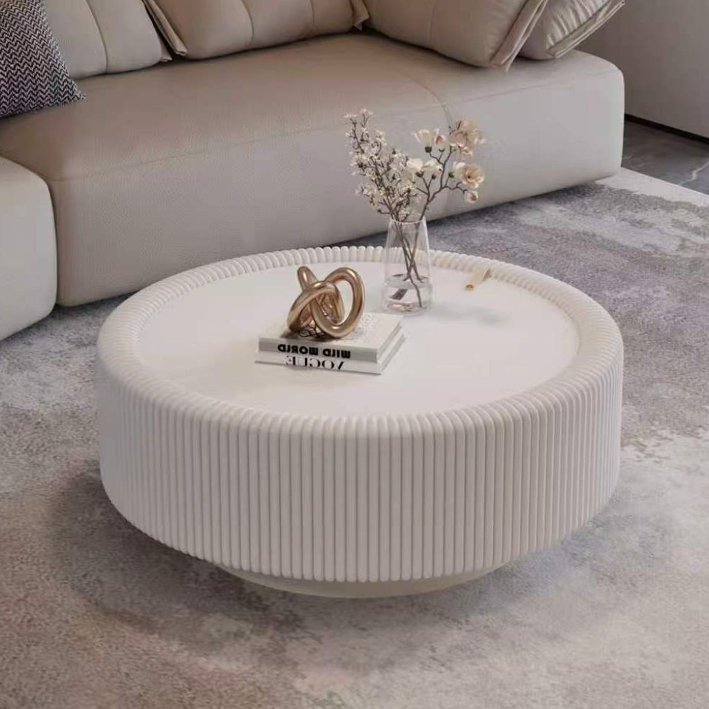 Round Fluted Coffee Table, Base & Hidden Storage - Snow White