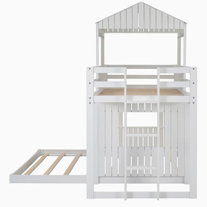 Wooden Twin Over Full Bunk Bed, Loft Bed With Playhouse, Farmhouse, Ladder And Guardrails - White