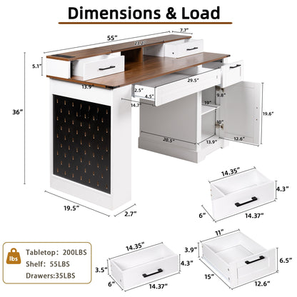 Office Desk With Storage Cabinet, Charging Station, Monitor Stand & Pegboard