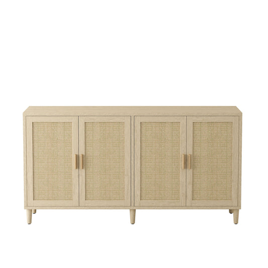 Rattan Buffet Cabinet With Storage, 4 Door Sideboard, Adjustable Shelves - Natural