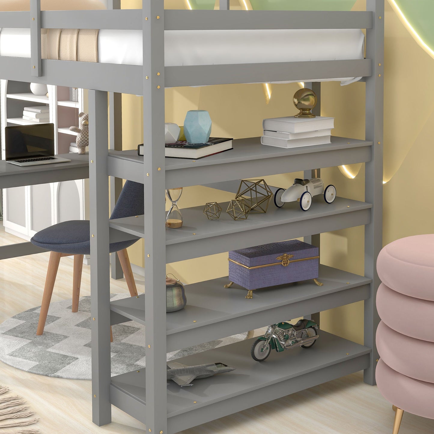 Loft Bed Twin With Desk, Ladder, Shelves - Gray