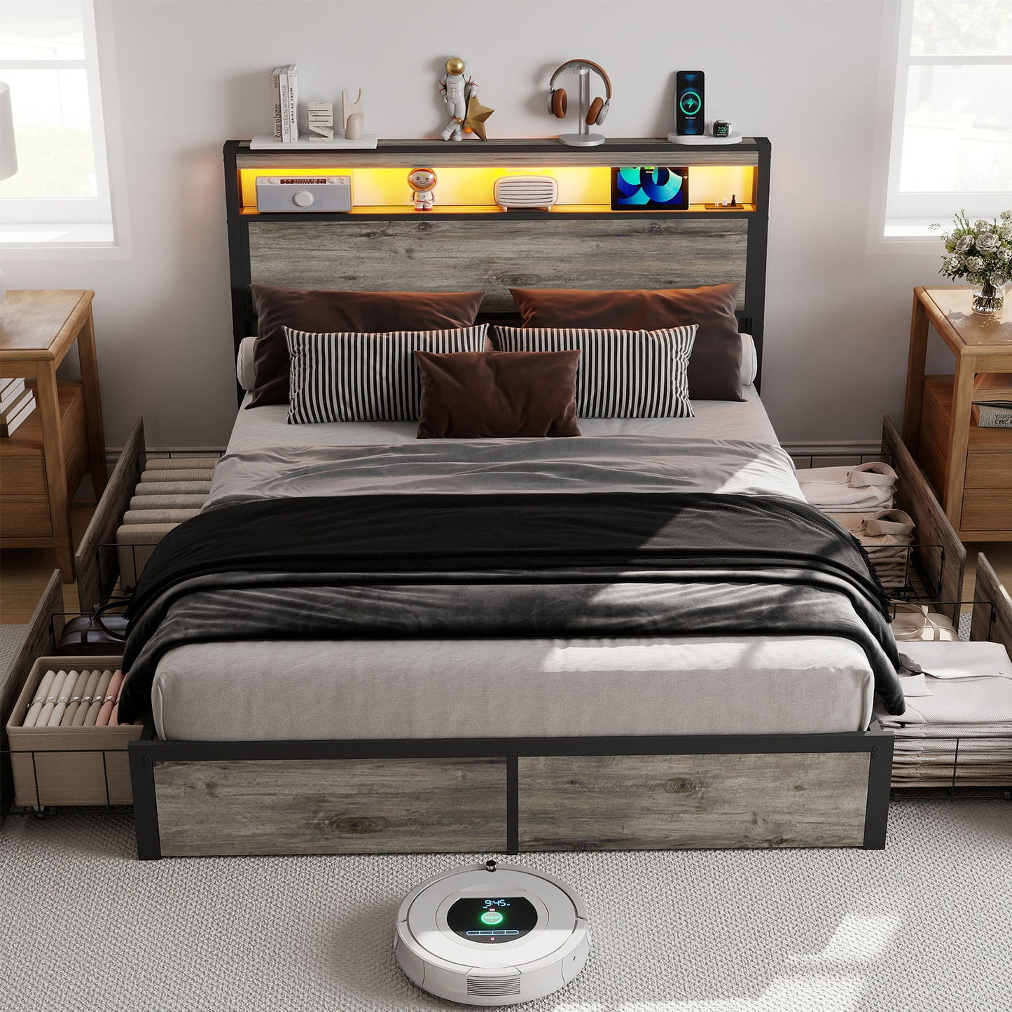 Bed Frame With Headboard, LED Lights & Charging Station