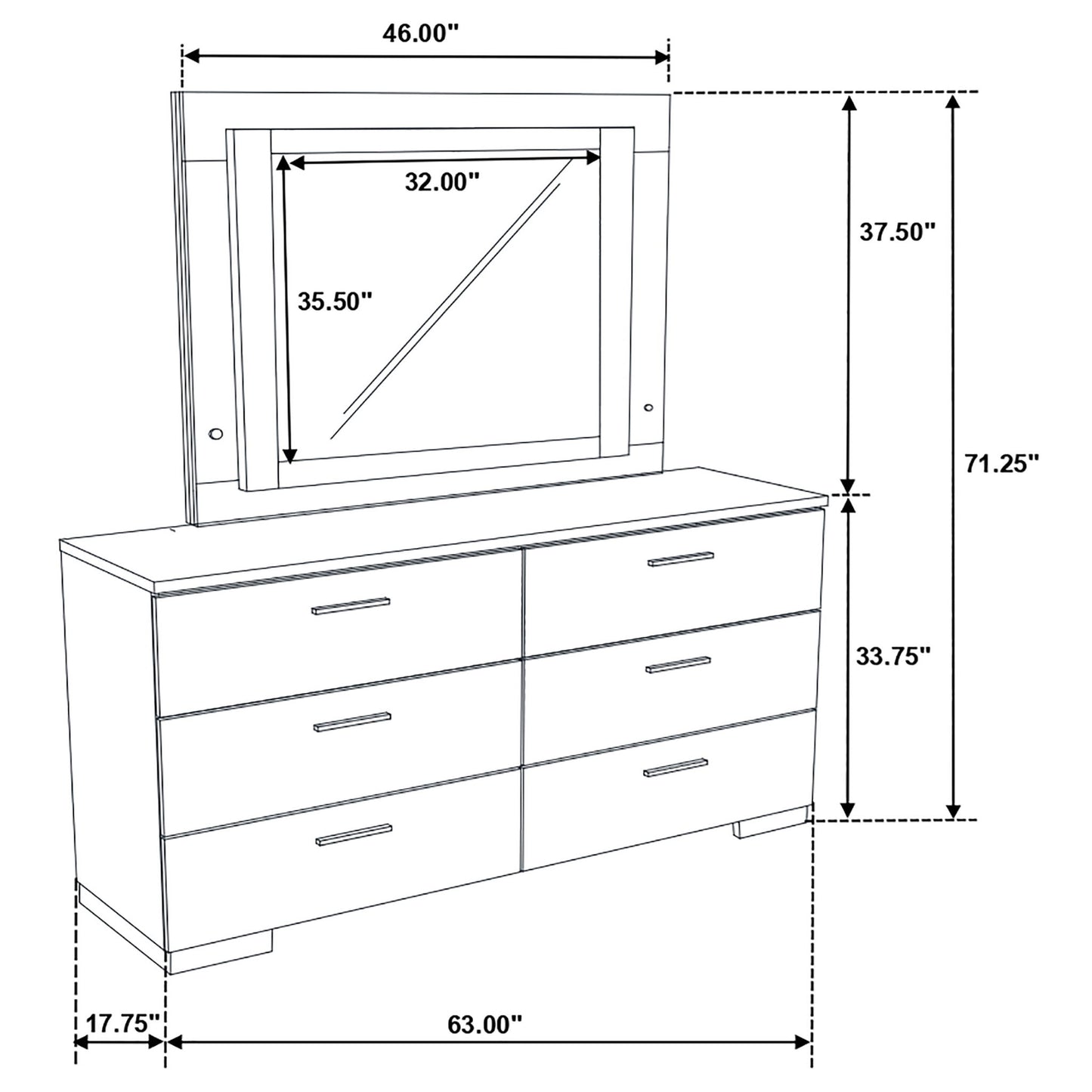 Dulcey - 6 Drawer Dresser With LED Mirror - Gloss White