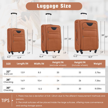 Softside Luggage Expandable 3 Piece Set Upright Spinner Lightweight Suitcase