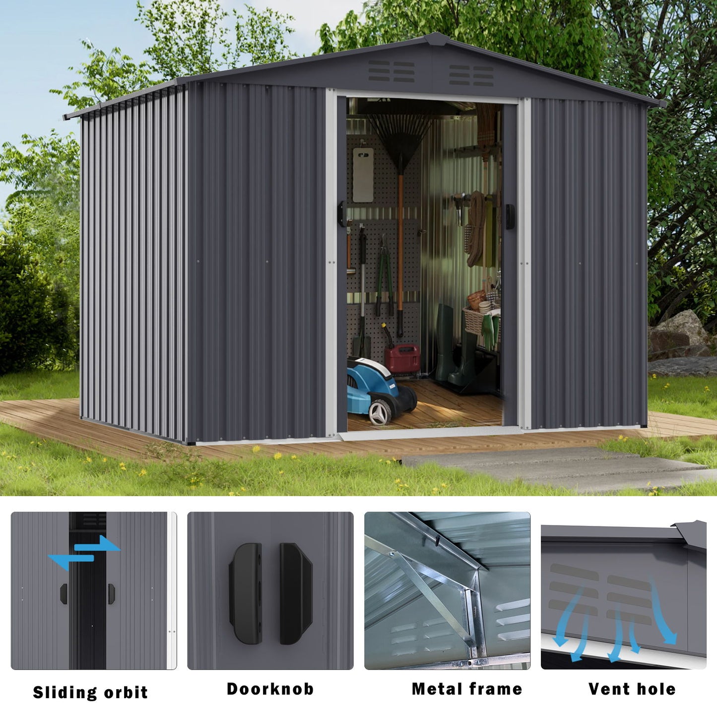 Outdoor Storage Shed 8 x 6 Ft Large Metal Tool Sheds, Heavy Duty Storage House With Sliding Doors With Air Vent For Backyard Patio Lawn To Store Bikes, Tools, Lawnmowers - Dark Gray