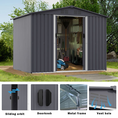 Outdoor Storage Shed 8 x 6 Ft Large Metal Tool Sheds, Heavy Duty Storage House With Sliding Doors With Air Vent For Backyard Patio Lawn To Store Bikes, Tools, Lawnmowers - Dark Gray