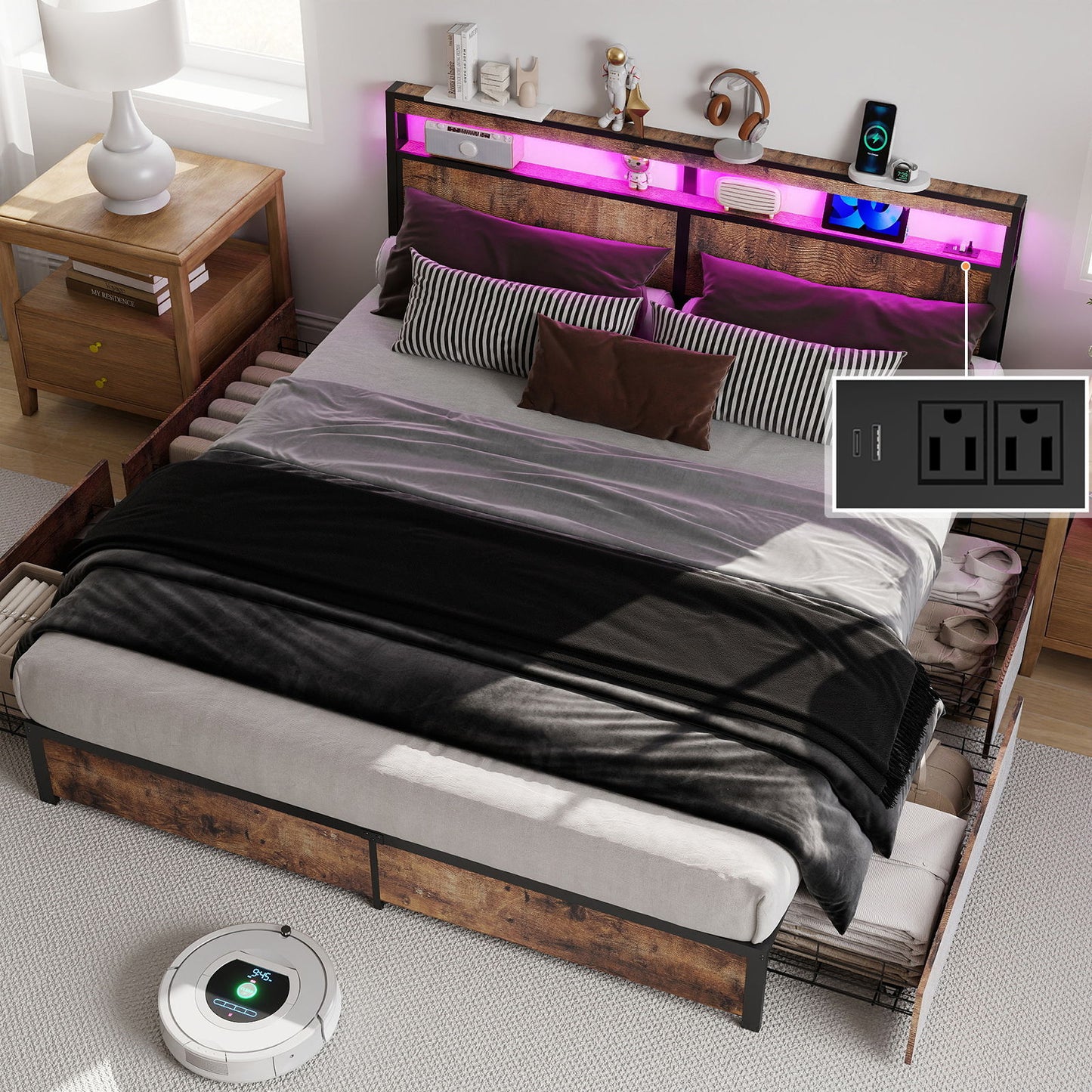 Bed Frame With Headboard, LED Lights & Charging Station