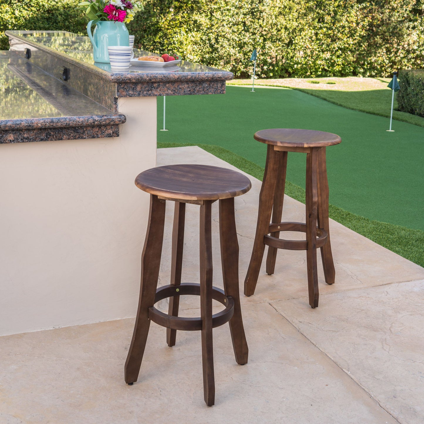 Primrose - Outdoor Acacia Wood Barstools With Foot Rest, (Set of 2) - Dark Brown