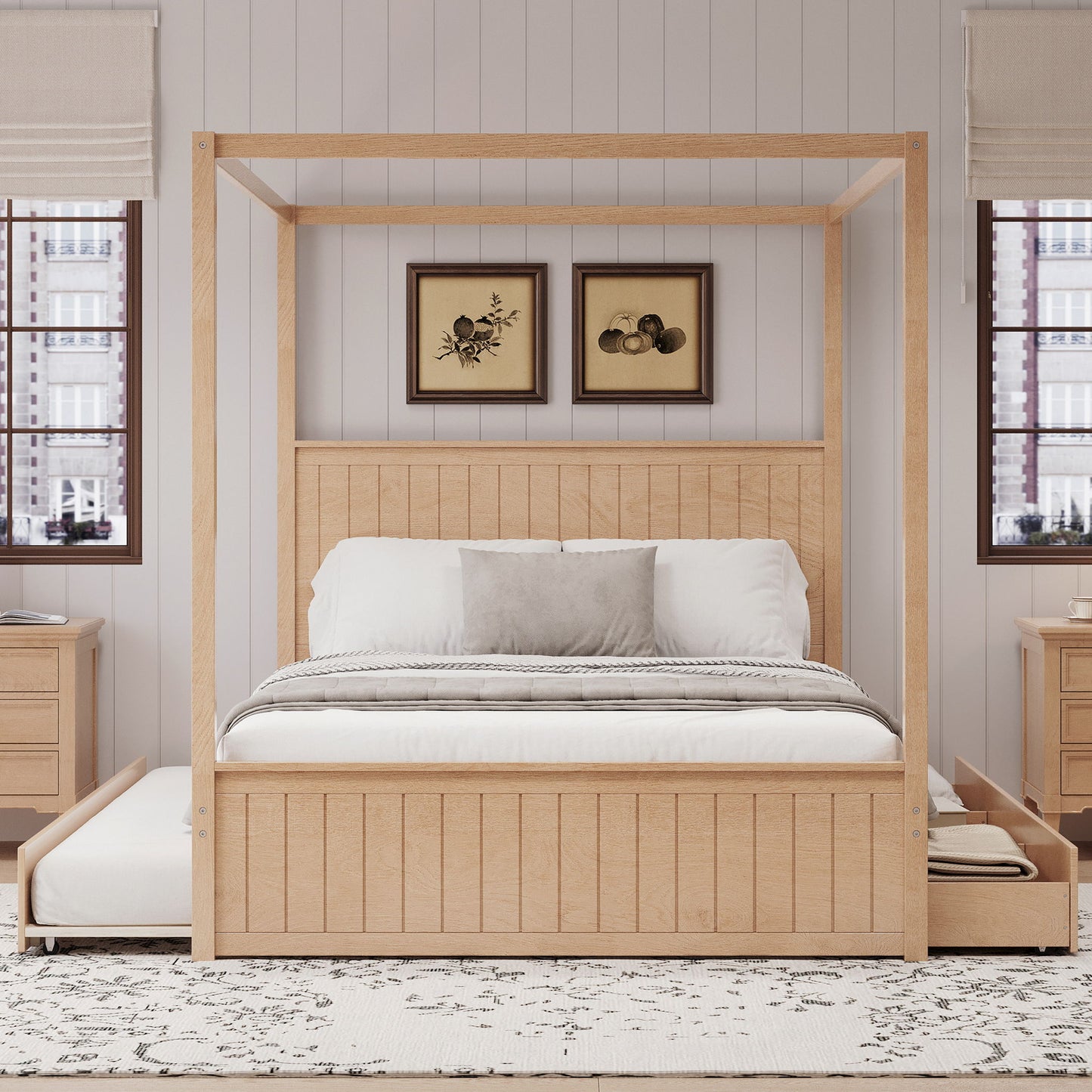 Queen Size Canopy Platform Bed With Trundle And 3 Storage Drawers, 4 Post, No Box Spring Needed - Natural