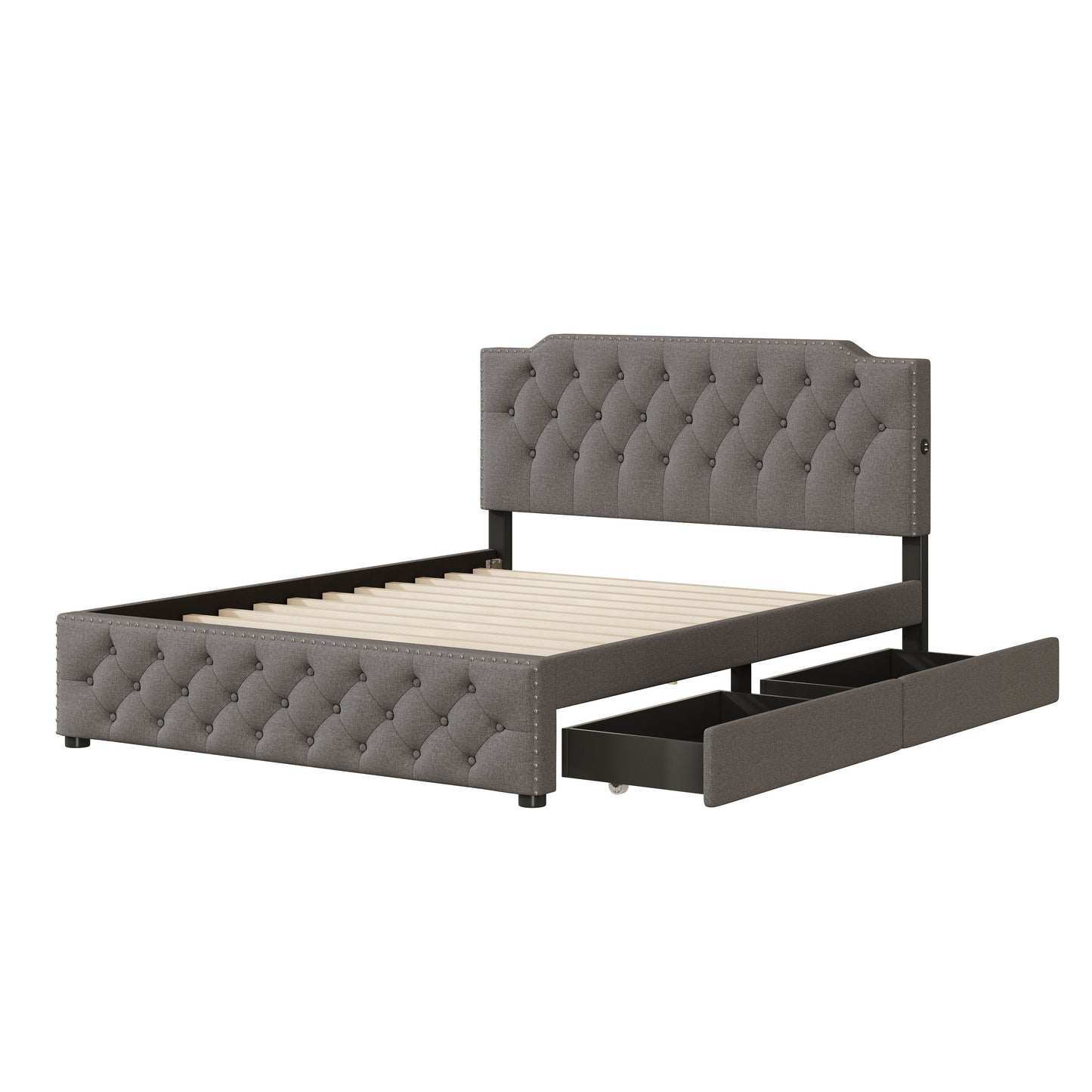 Upholstered Platform Bed With 2 Drawers And 2 Sets Of USB Ports On Each Side, Linen Fabric