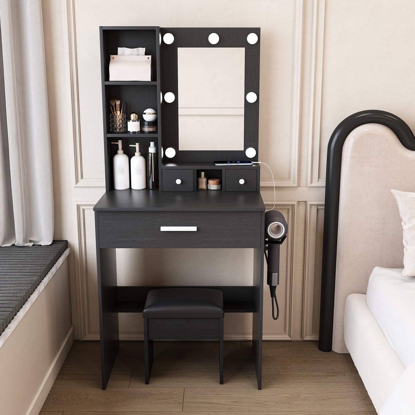 Vanity Table With Mirror, Adjustable LED Lights, Power Outlet, Hairdryer Holder & Stool