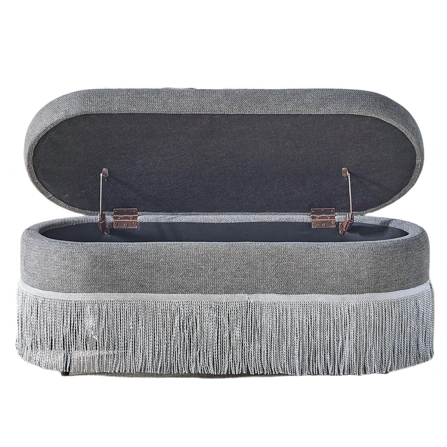 Oval Upholstered Storage Ottoman With Fringe Trim & Lift Top Lid