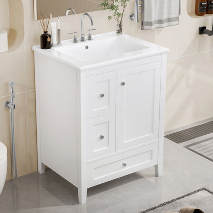 Bathroom Vanity With Storage, Adjustable Shelf, & Rubberwood, Removable Dividers - Glossy White