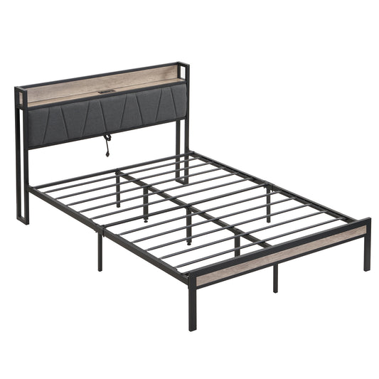 Modern Platform Bed Frame With Upholstered Storage Headboard, USB Ports