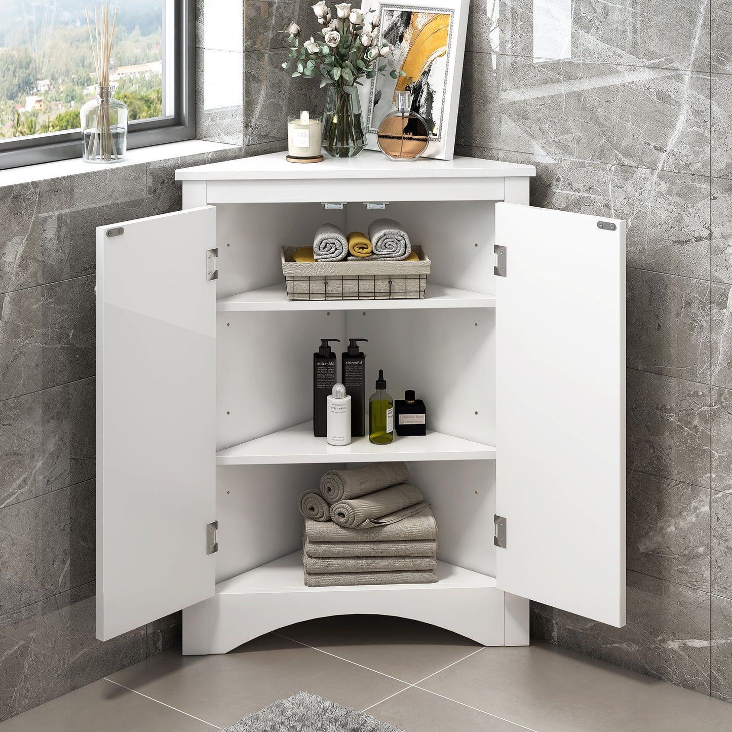 Triangle Bathroom Storage Cabinet With Adjustable Shelves, Freestanding Floor Cabinet For Home Kitchen