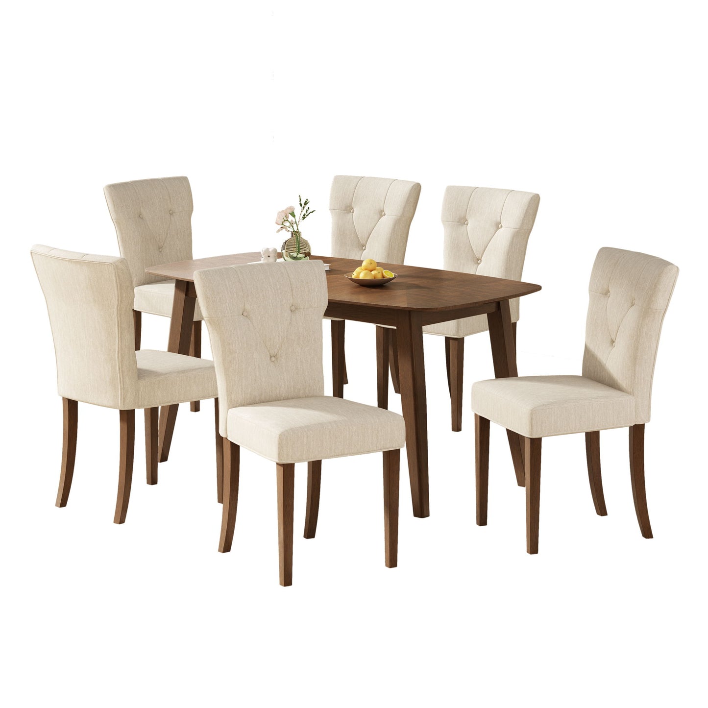 Modern Indoor Wood Dining Set With Chairs And Table, Rubber Wood, 6 Piece - Cream / Walnut