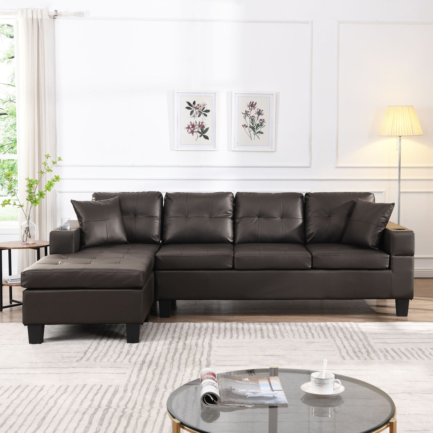 Modern Sectional Sofa Set With L Shape Chaise Lounge, Cup Holder, 4 Seat