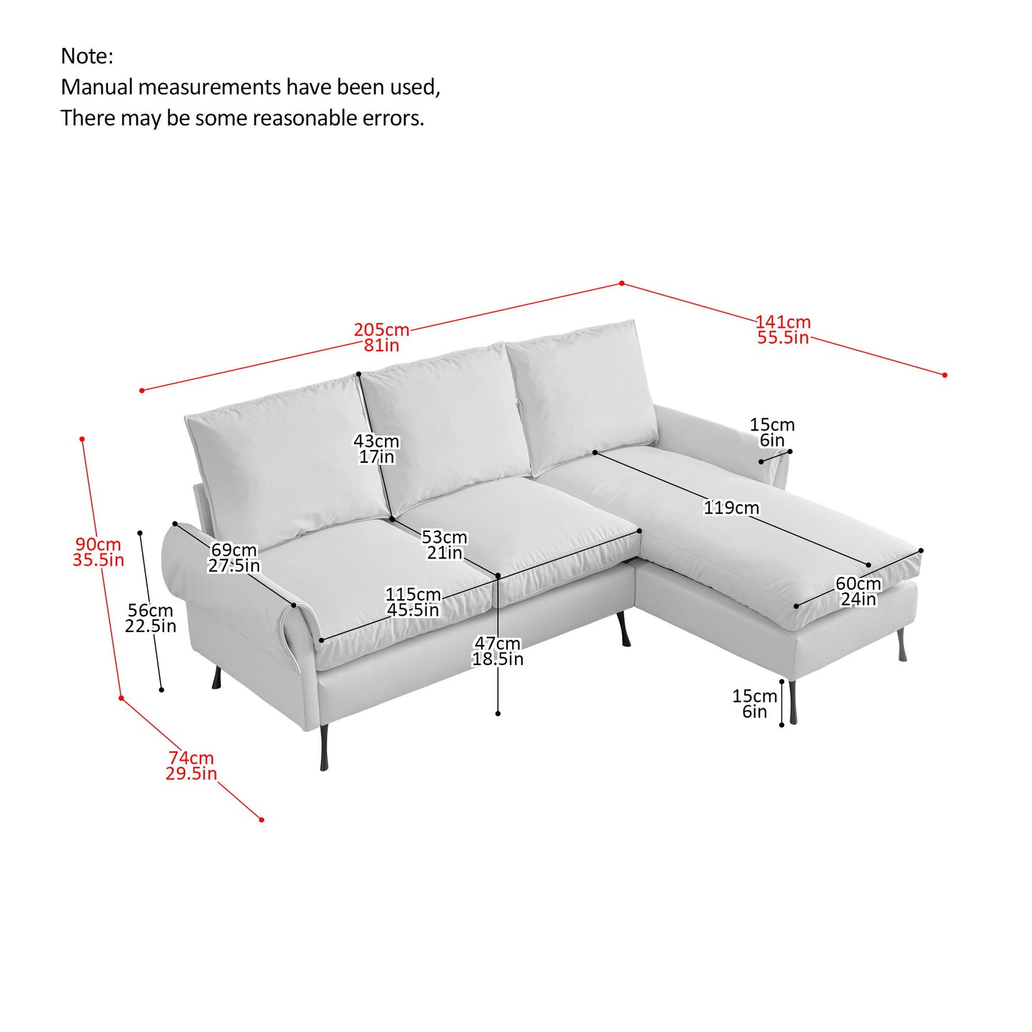 Modern Sectional Technical Leather L-Shaped Sofa Couch With Reversible Chaise Lounge