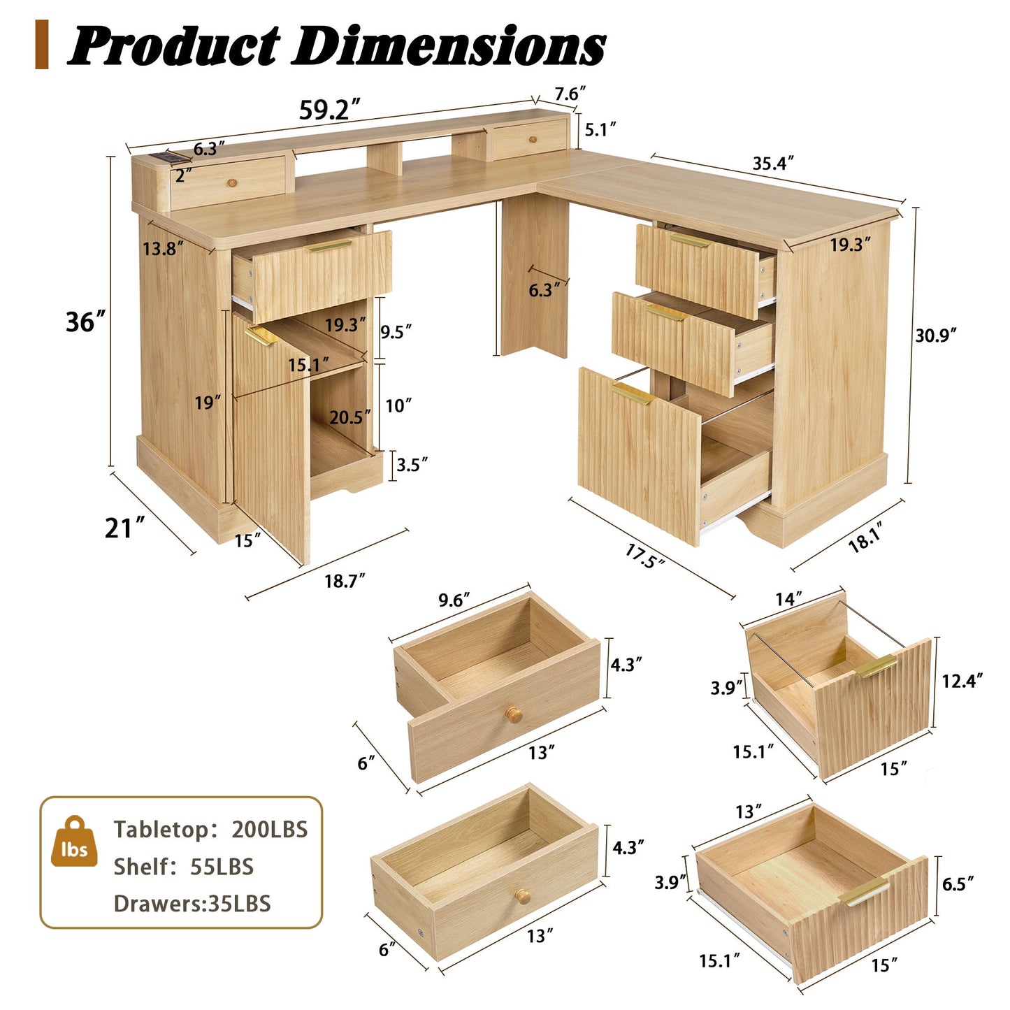 Fluted L-Shaped Desk With Charging Station & Storage Cabinet