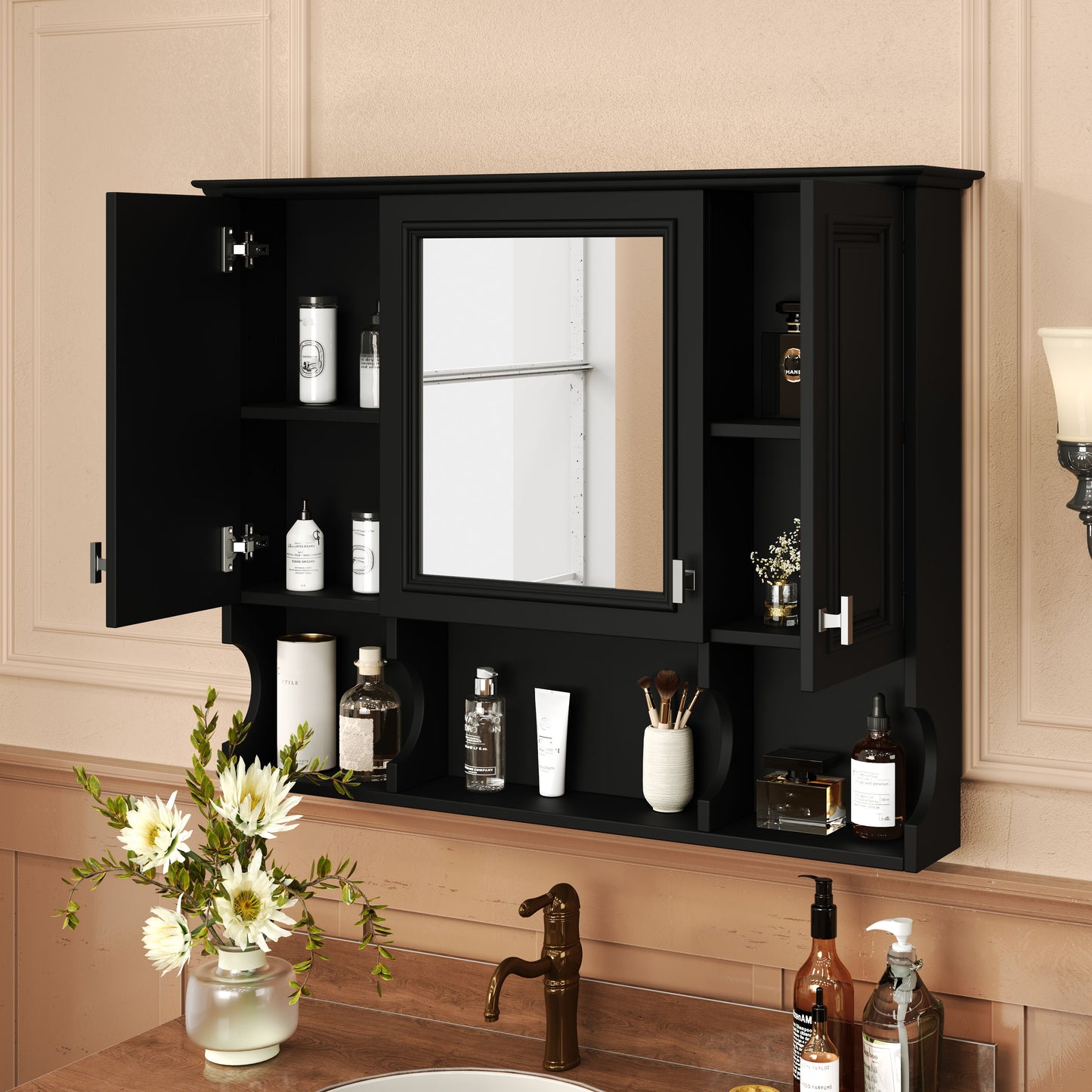 Wall Mounted Bathroom Medicine Wall Cabinet With Mirror & Open Shelves