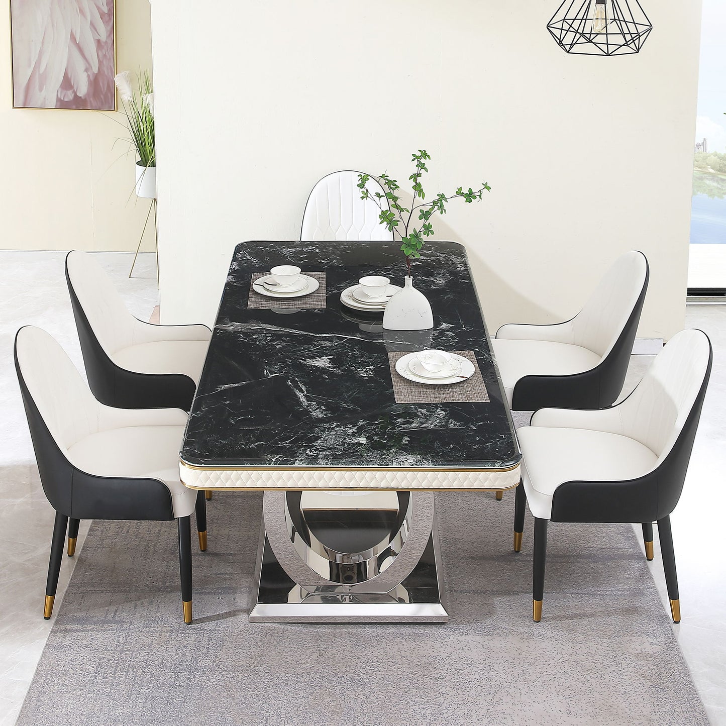 Luxury Modern Dining Table With 6 Chairs Marble Top Titanium Plated Base - Black