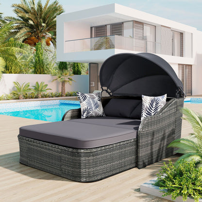 Outdoor Sunbed With Adjustable Canopy, Daybed With Pillows, Double Lounge, PE Rattan Daybed