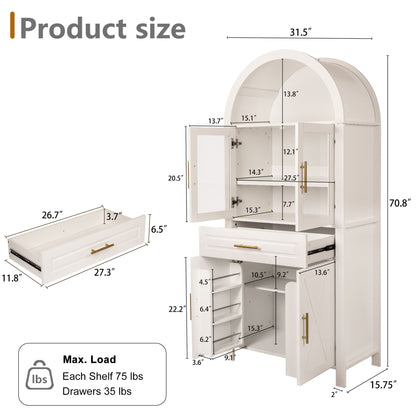 Arched Kitchen Pantry Cabinet With Adjustable Shelves & Barn Door Design