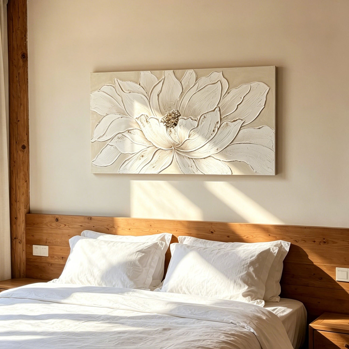 Lotus Flower Canvas Wall Art, Hand Painted Textured Floral Painting - Antique White