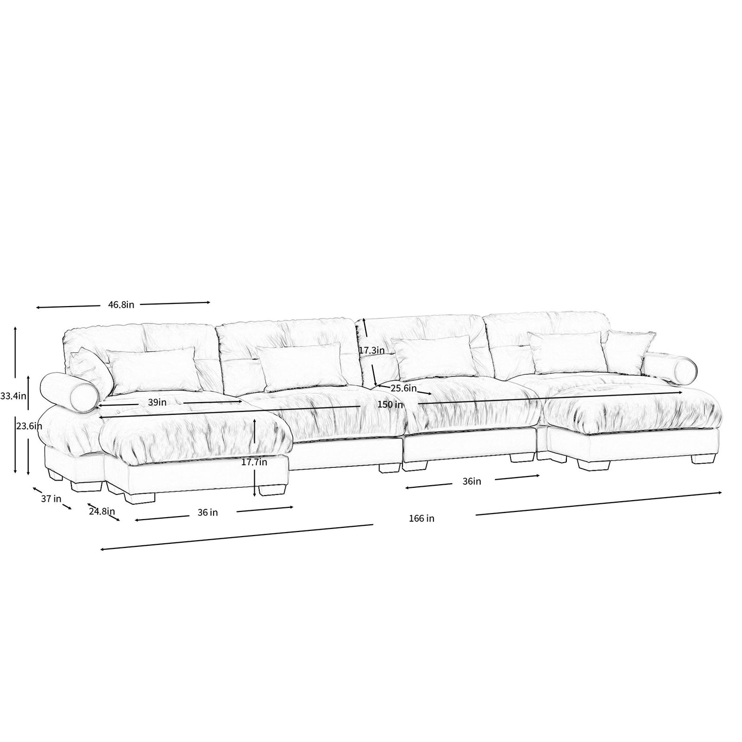 Modern Sectional Sofa With Ottoman, Round Bolster Armrests, Waist And Throw Pillows